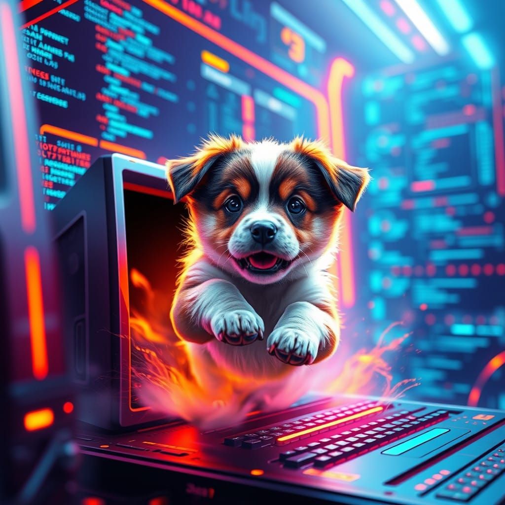 Energetic Puppy Emerges from Futuristic Computer