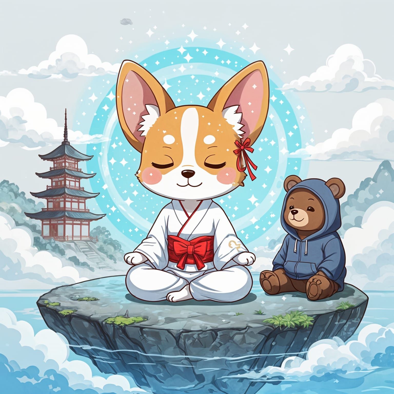 Chibi Dog Meditating on Floating Island in Japanese Watercol...