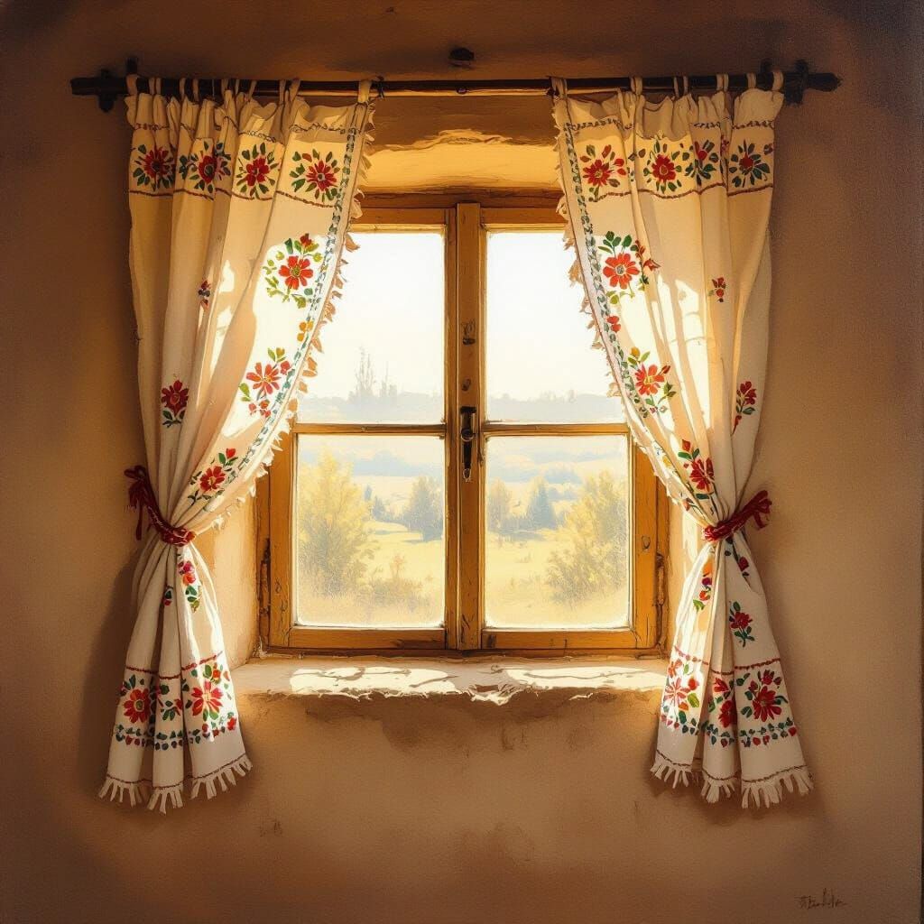 Ancient Ukrainian Clay House Window with Embroidered Curtain...