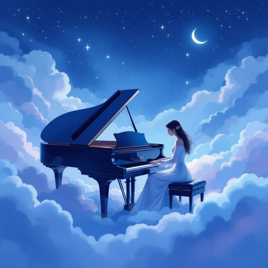 Magical Pianist Plays Above Earth in Watercolor Style