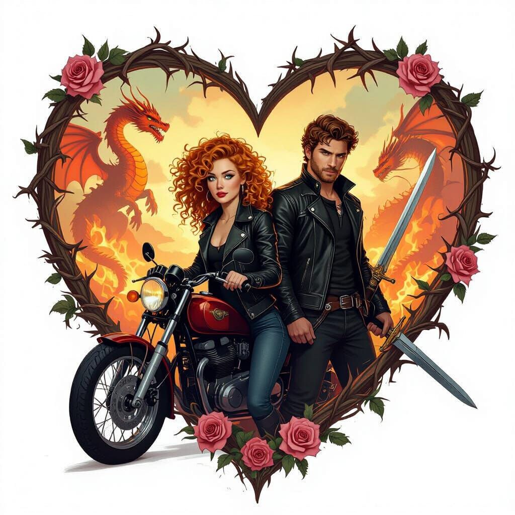 Dragon Fight in Ornate Heart Frame: Digital Art