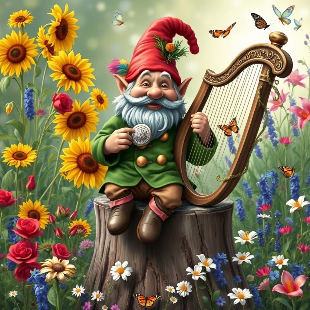 Vibrant Gnome Garden Scene in Whimsical Fantasy Style