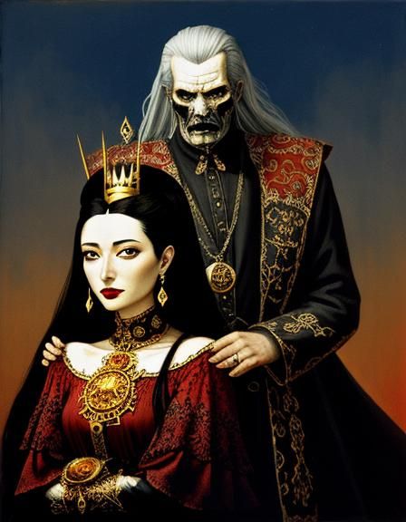 Dark Macabre Fantasy king and queen, Baginski, Hieronim Bosh, Dali, red moon, golden sun.
