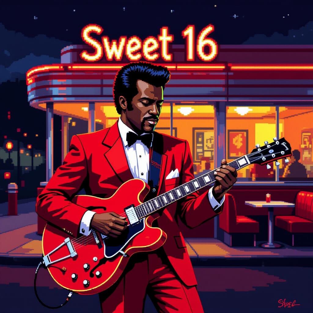 Chuck Berry Pixel Art Portrait with Vintage Diner