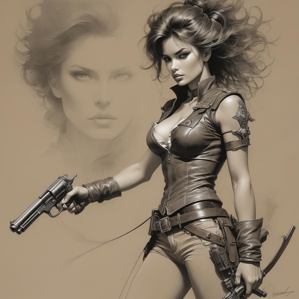 Wild West Gunfighter and Damsel Ink Drawing