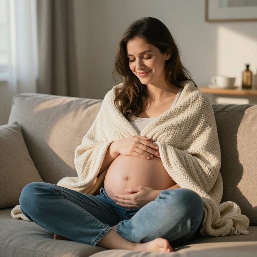 Serene Pregnant Woman Relaxing on Couch in Soft Light