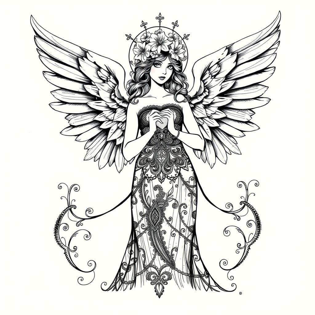Angel in Art Nouveau-Inspired Filigree Tattoo Design
