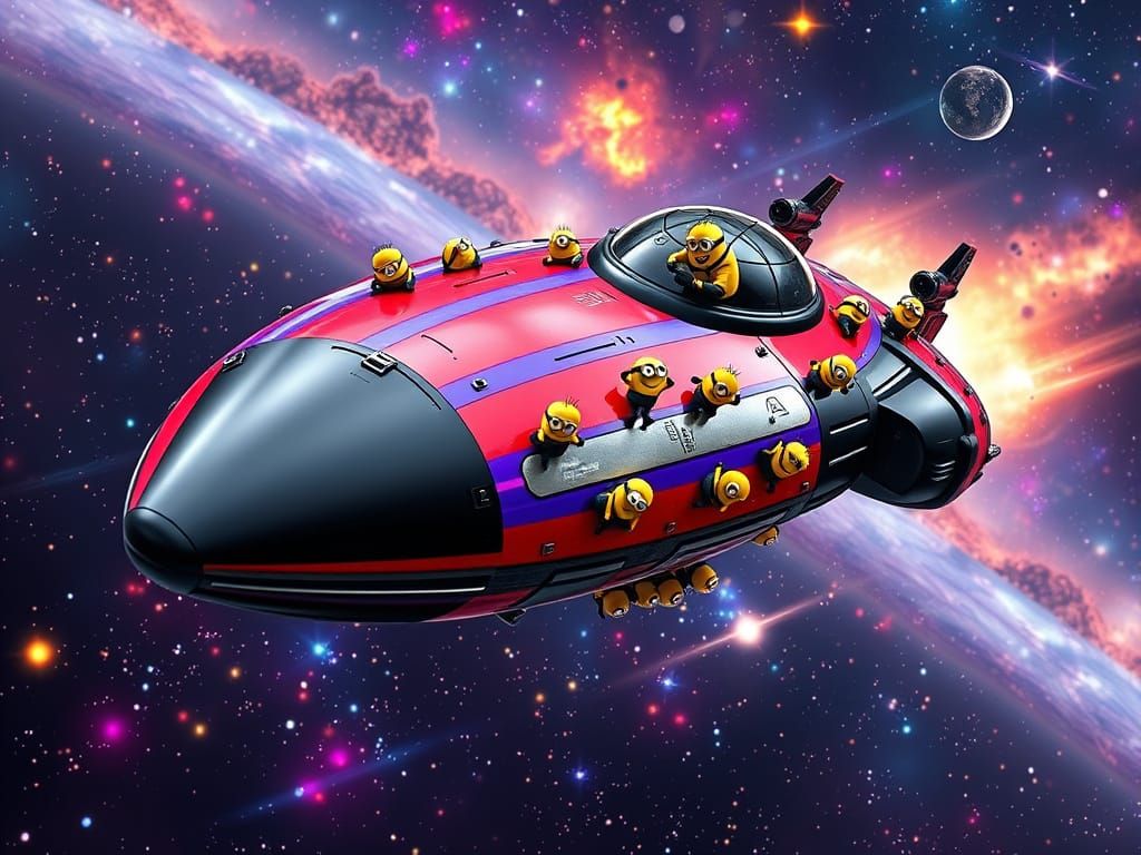 Sleek Red Spaceship Soars with Joyful Minions in Vibrant Cos...