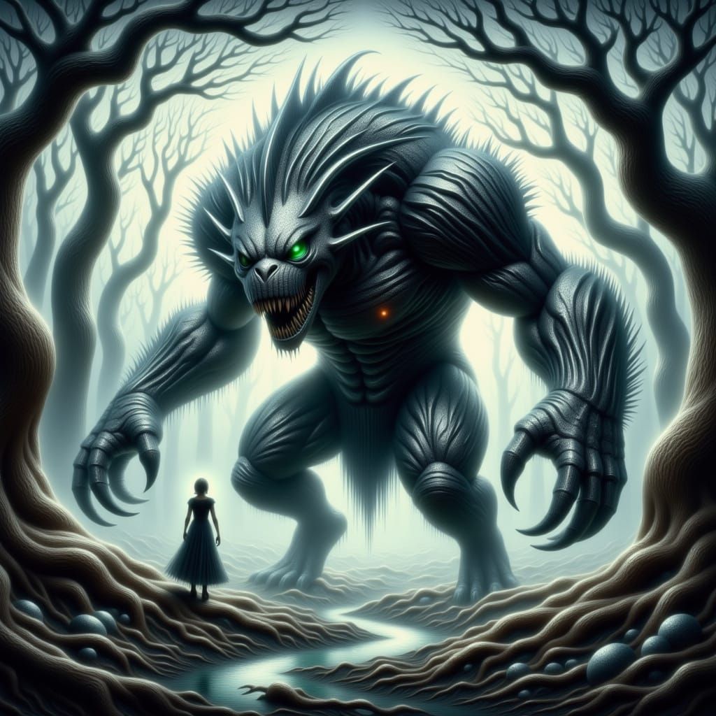 Dark, Gritty Monster in a Haunting, Biomechanical Landscape