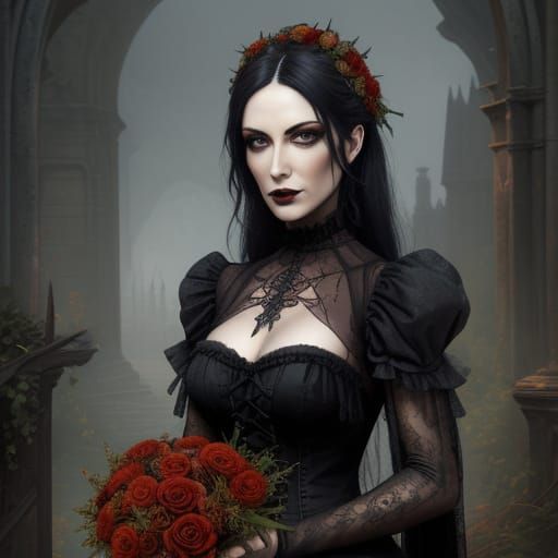 Gothic Woman of Rusty Metal with Rose Bouquet