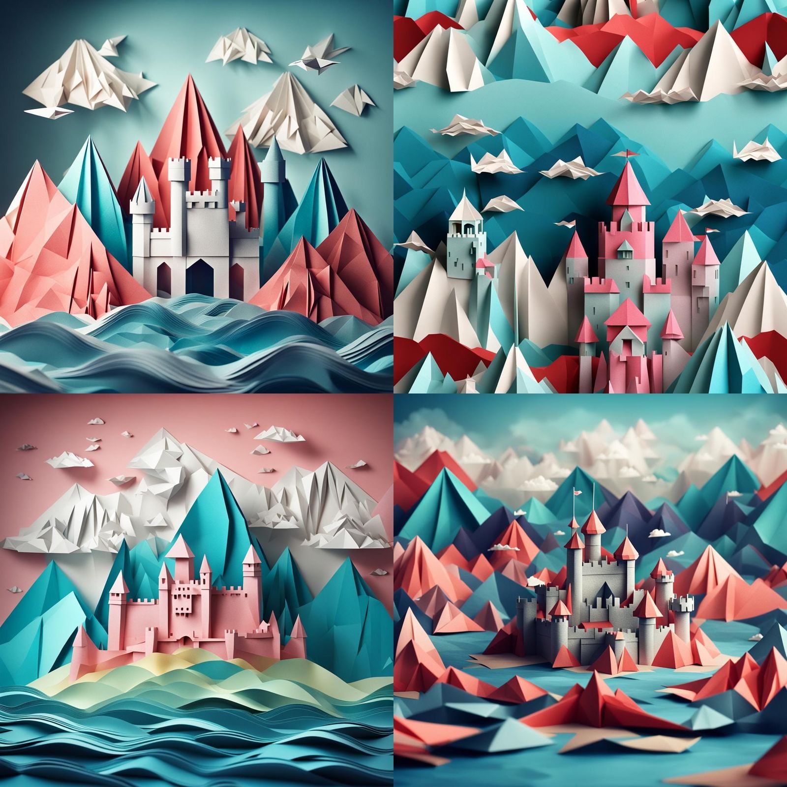 Surreal Sea Mountains Castle in Origami Papercraft