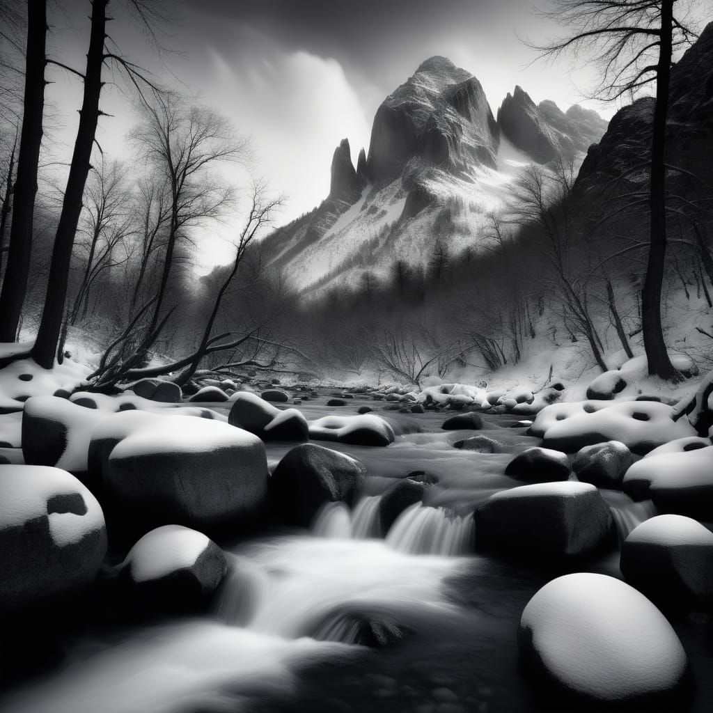 Monochromatic Mountain Landscape in High Contrast Black and ...
