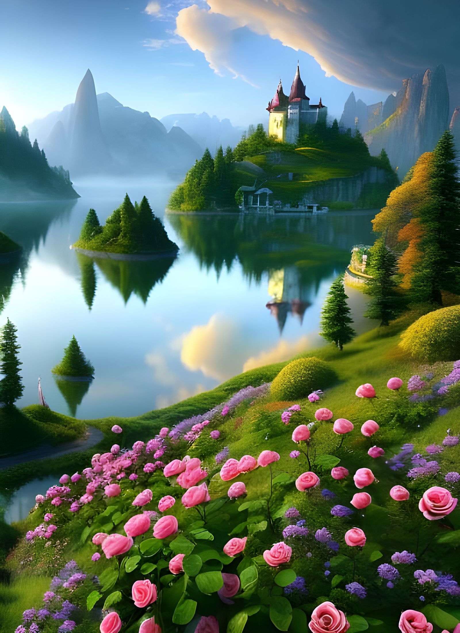 Serene Rose Romance Lake Landscape in Ghibli Style