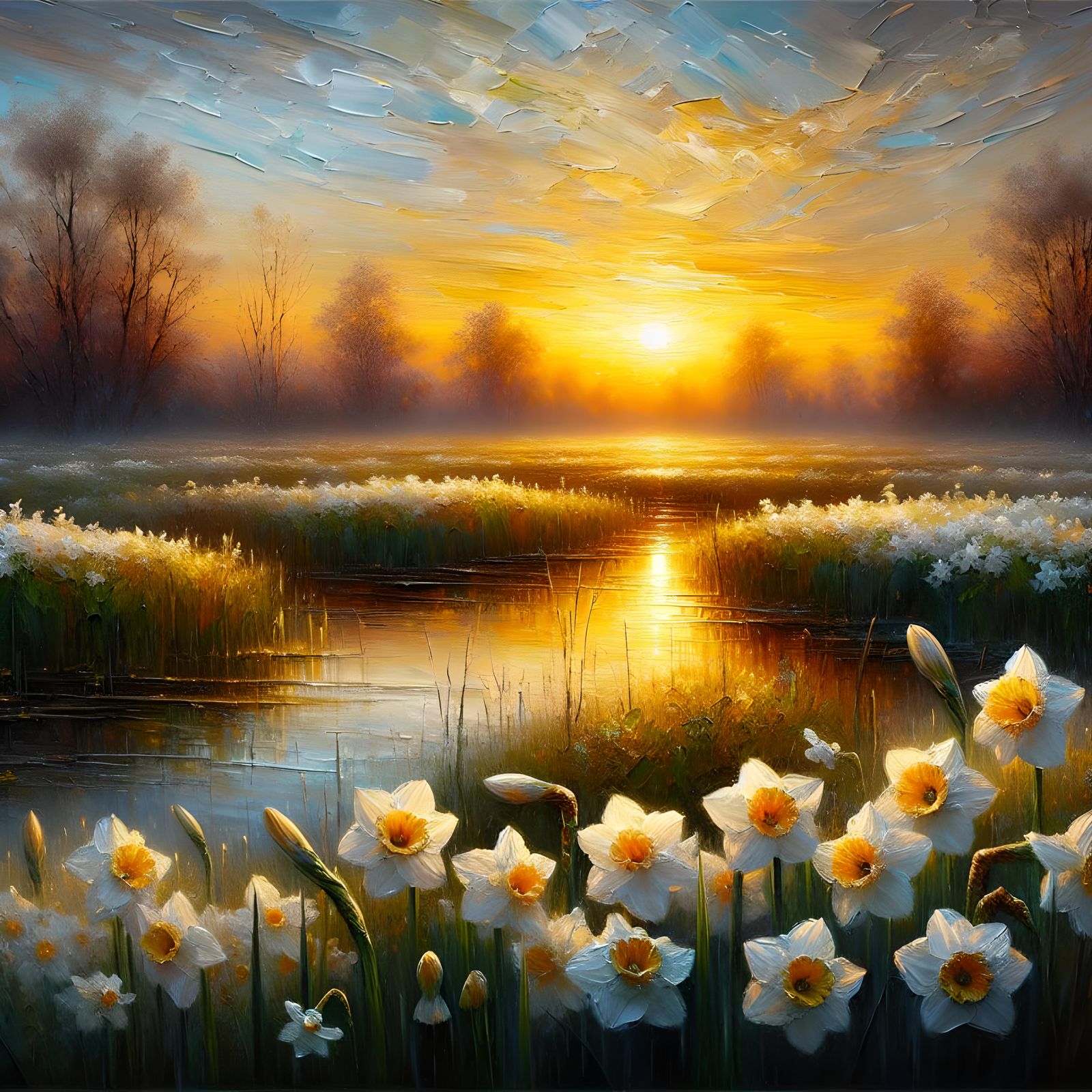Impressionistic Narcissus Flowers at Sunset