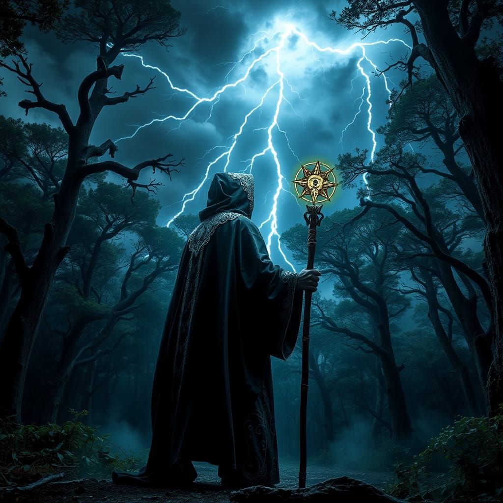 Mystical Wizard Channels Lightning in Primeval Forest