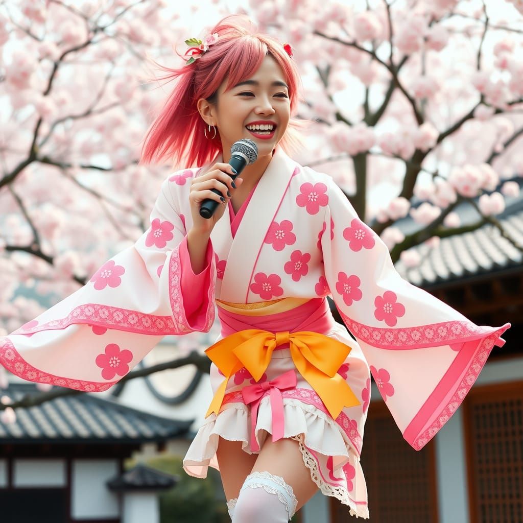 Vibrant Japanese Idol Sings Under Cherry Blossoms