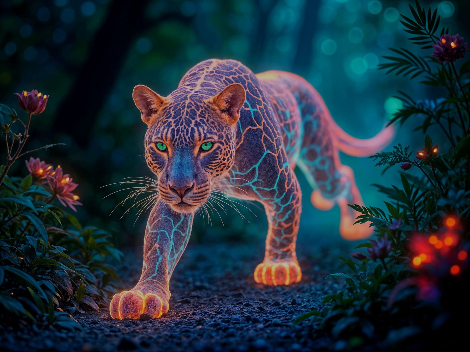 Luminous Jaguar Glides Through Bioluminescent Forest