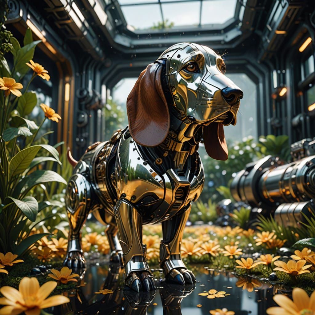 Metallic Basset Hound with Brass Gears in Garden