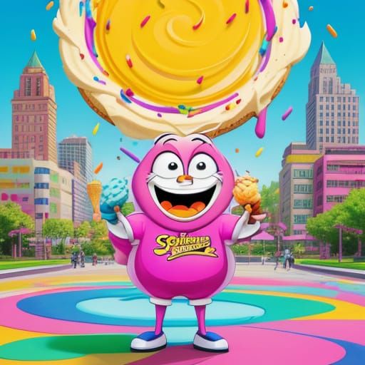 Vibrant Cartoon Character in Colorful City Park