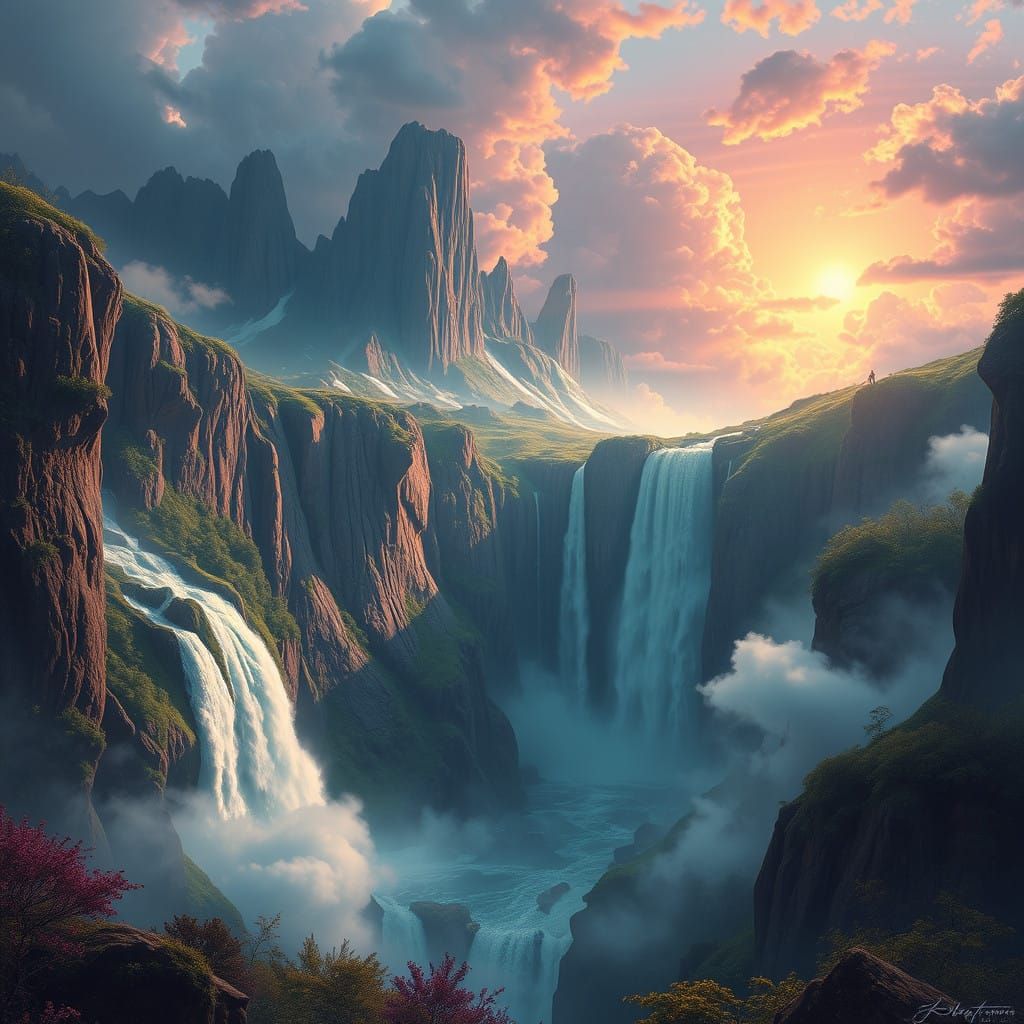 Majestic High-Fantasy Landscape with Waterfall and Abyss