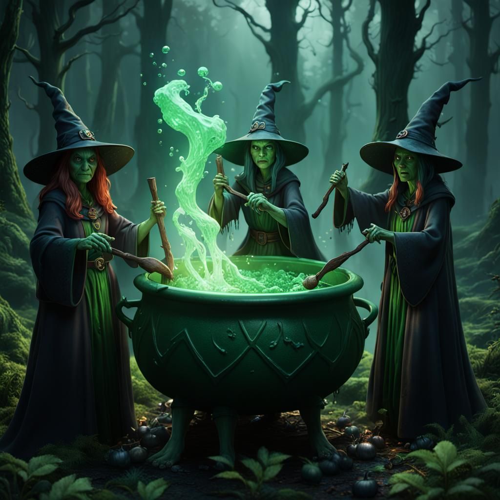 Spooky Witches and Bubbling Cauldron in Dark Forest