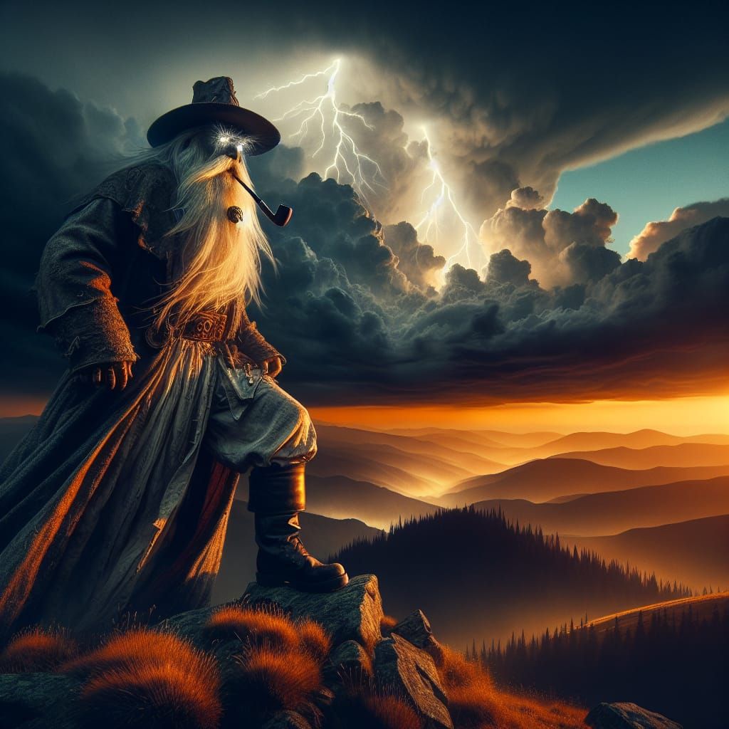 Slavic Guardian of the Mountains in Stormy Sunset