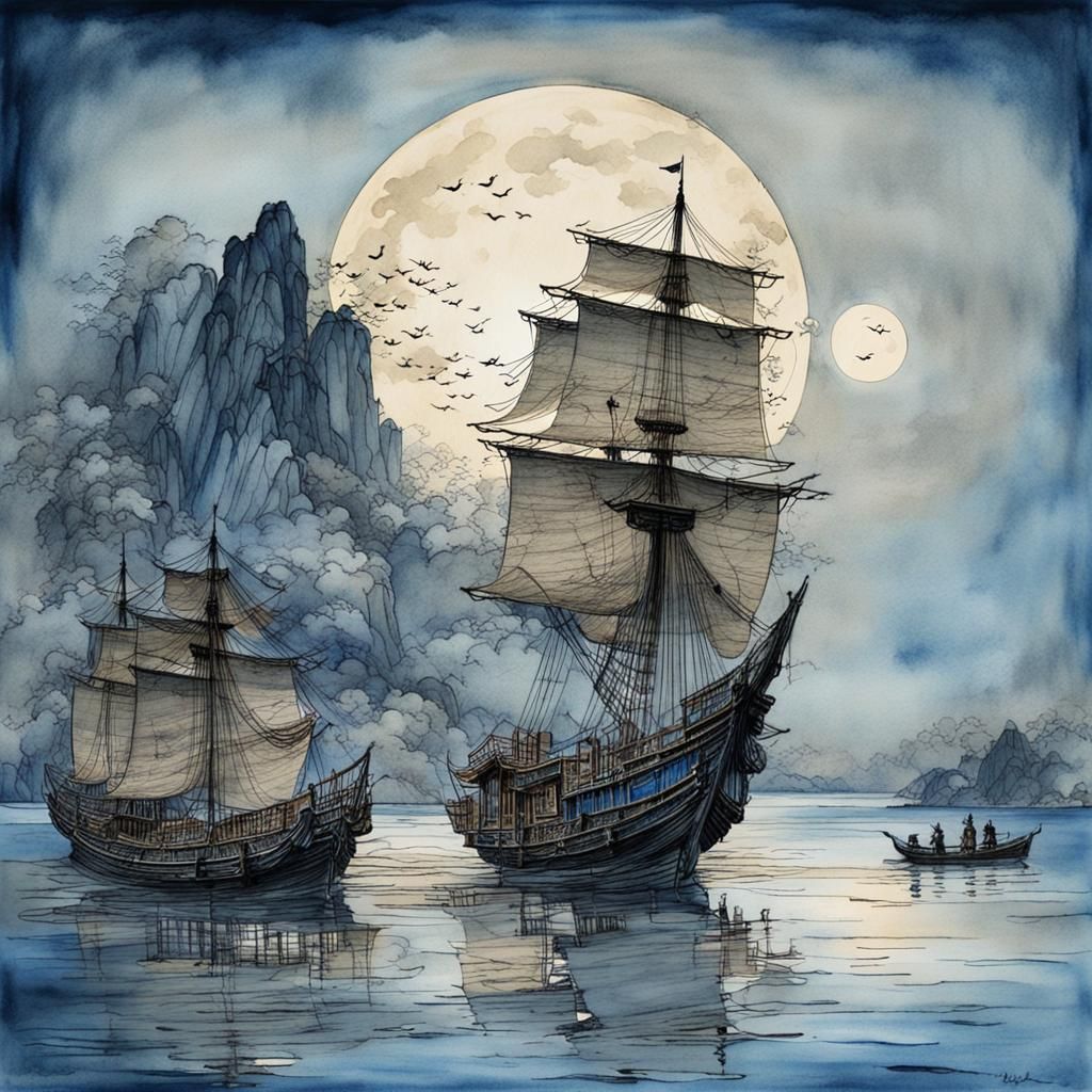 Chinese Junk in Moonlit Seascapes, Mixed Media