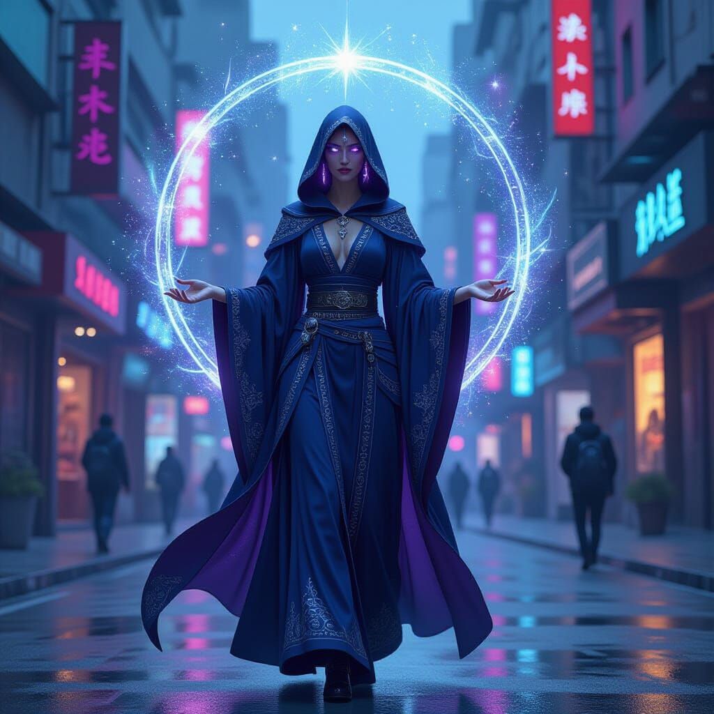 Celestial Sorceress in Cyberpunk Street, Dark Fantasy Style