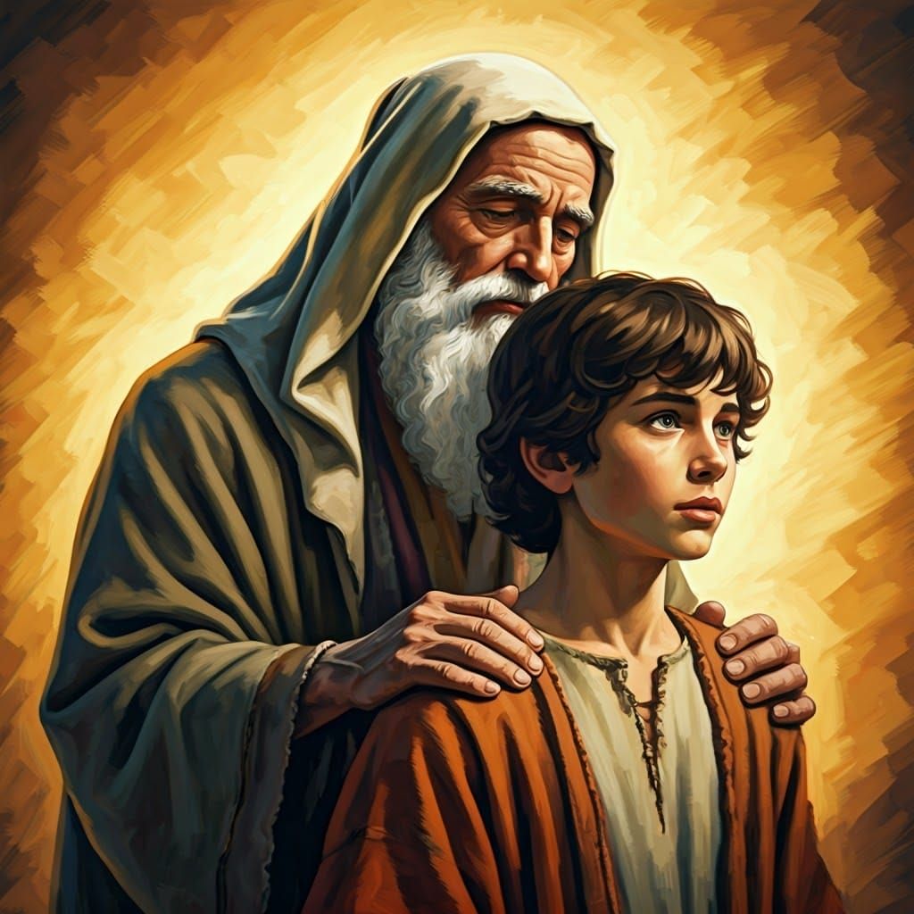 The elderly prophet Samuel anointing the shepherd boy David