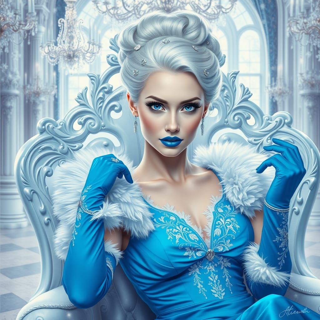 Ice Queen Pin-Up in Elegant Winter Royal Attire