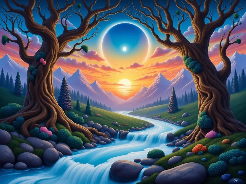 Surreal Landscape Painting with Glowing Sunset and Waterfall