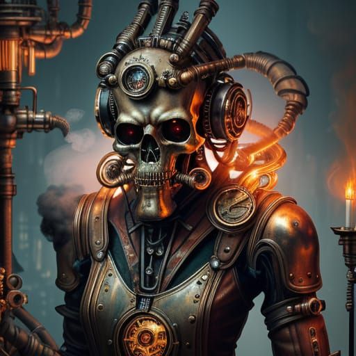 Steampunk Inventor in a Smoky, Industrial Lair