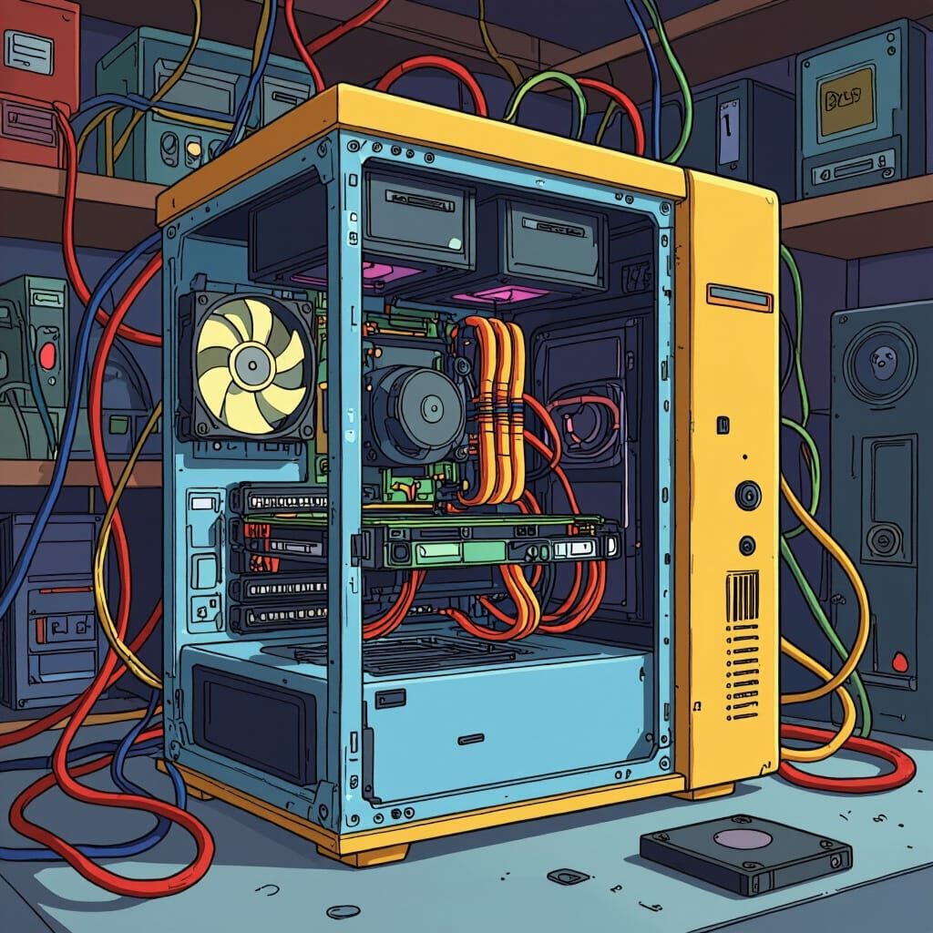 Cartoon Desktop Computer Tower with Visible Internals