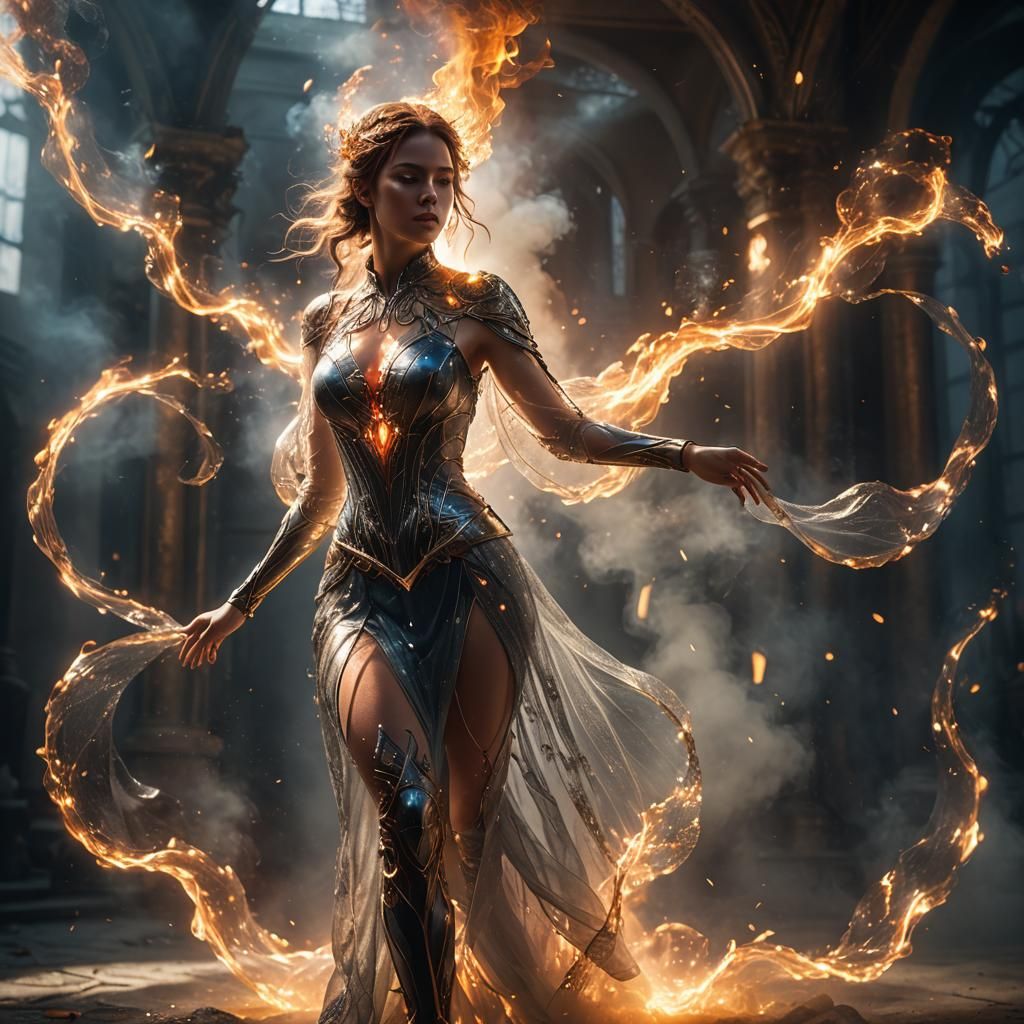 Crystalline Woman in Motion with Fire Flares