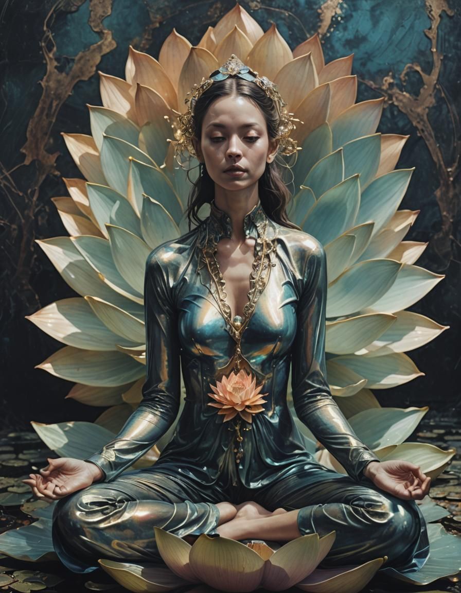 Opalescent Woman in Lotus Pose: Quantum Consciousness