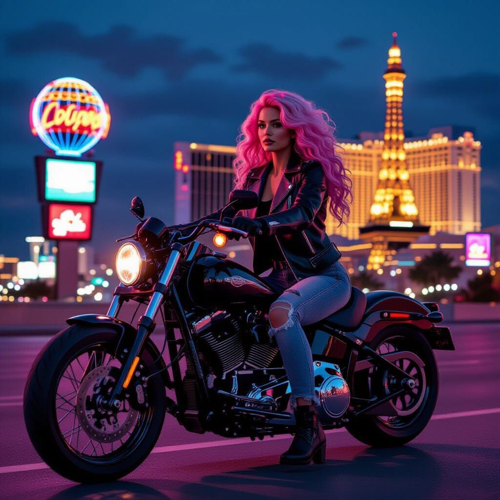Woman on Motorcycle with Las Vegas Neon Skyline