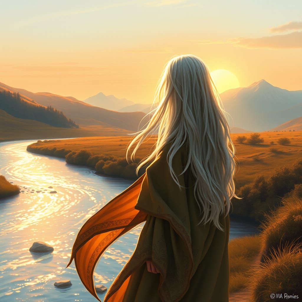 Serene Woman by Iridescent River in Fantasy Illustration