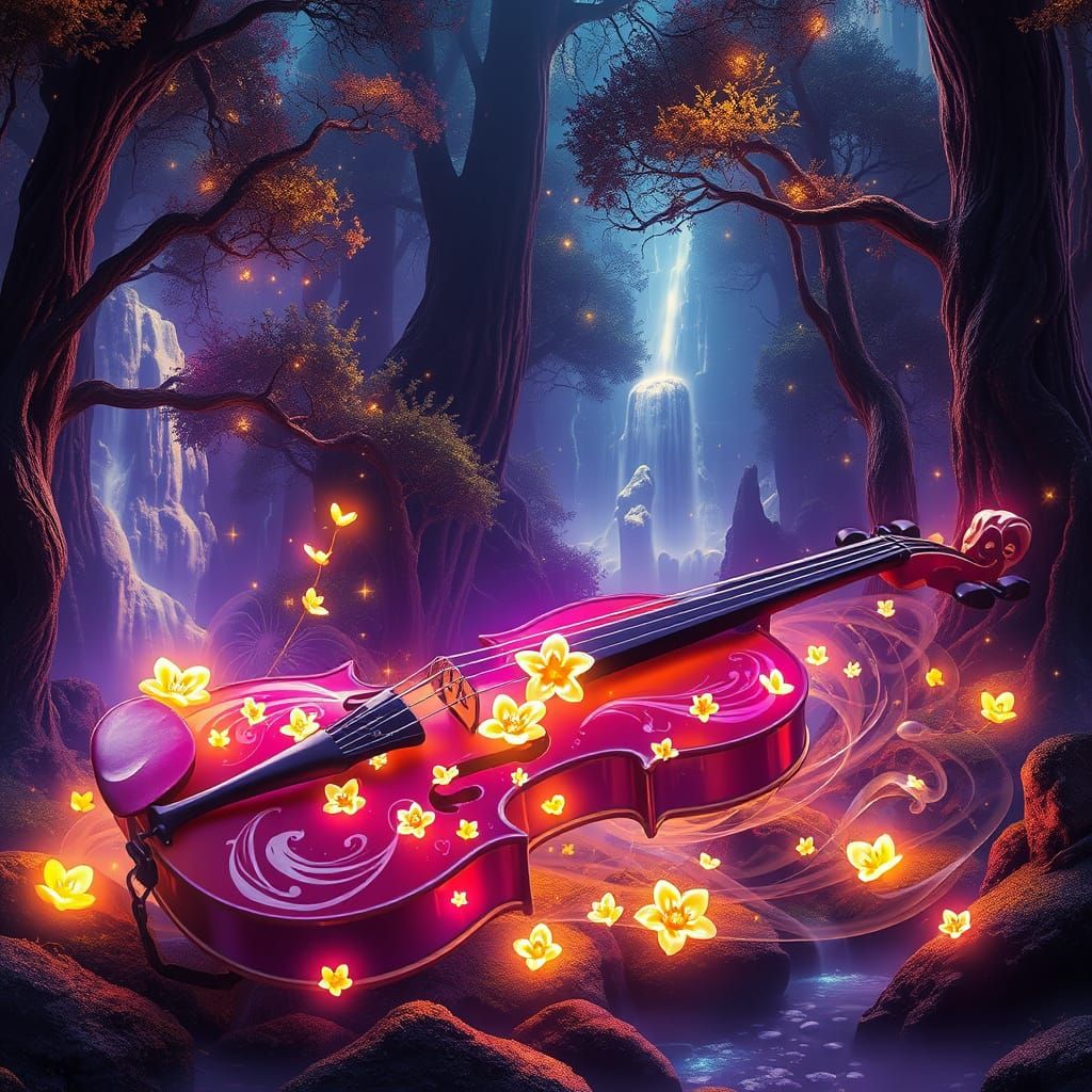 Ethereal Violin in Enchanted Night Forest