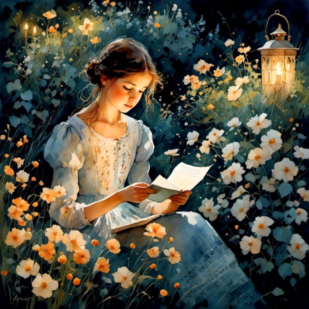 Girl Reads Letter in Lush Candlelit Garden