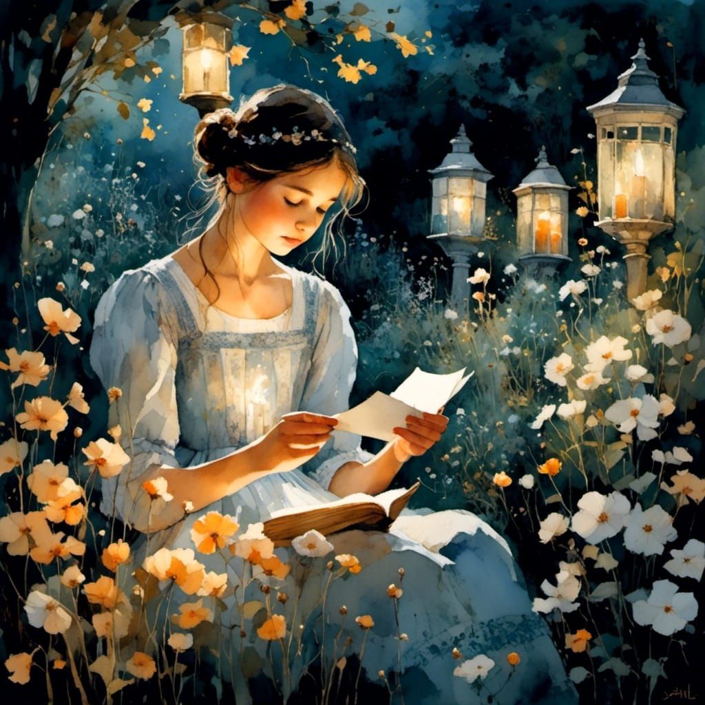 Ethereal Candlelit Garden Scene with Intricate Details