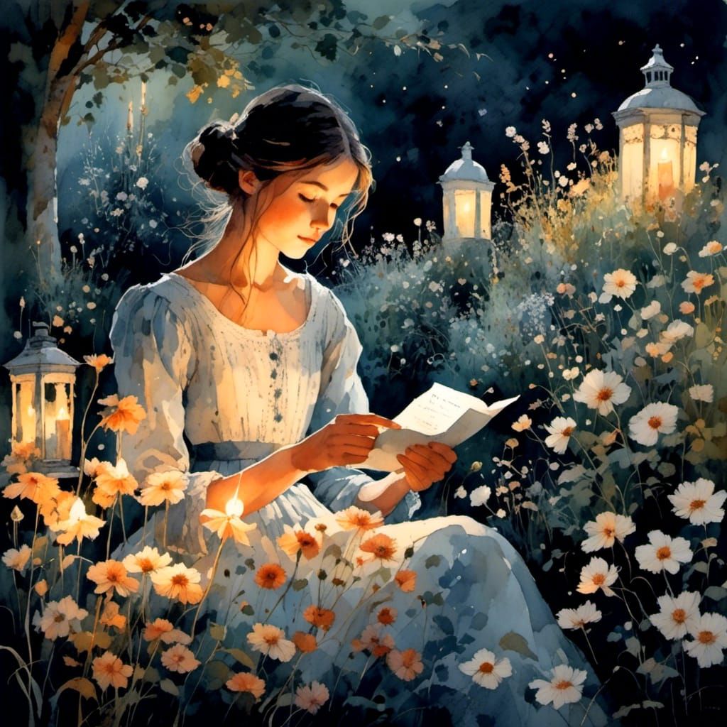 Girl Reading Letter by Candlelight in Lush Garden