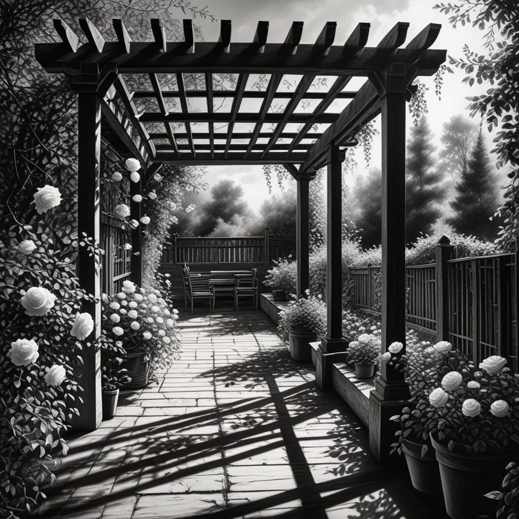 Realistic Pergola Scene with Climbing Roses in Charcoal Draw...