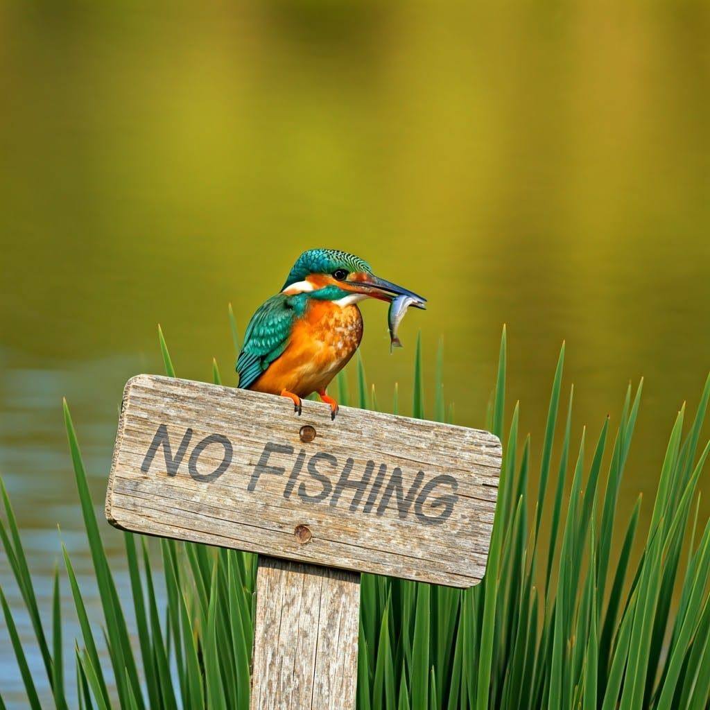 Kingfisher Defies Fishing Ban in Hyperrealistic Style