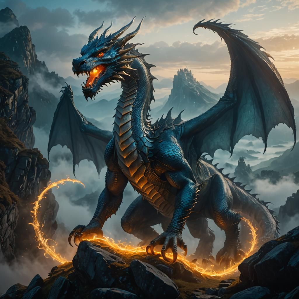 Dragon with Glowing Runes in Misty Mountains