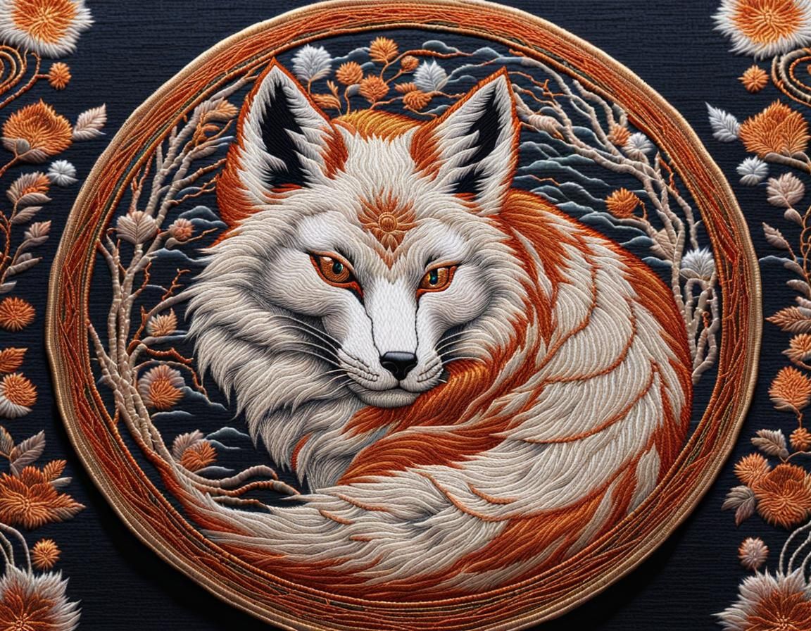 Opalescent Kitsune Embroidery Tapestry with Metallic Threads