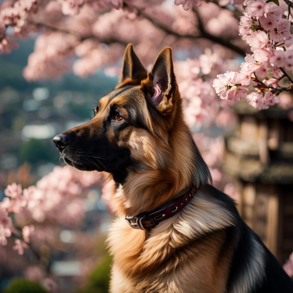 German Shepherd at Kiyomizu-dera Temple in Spring