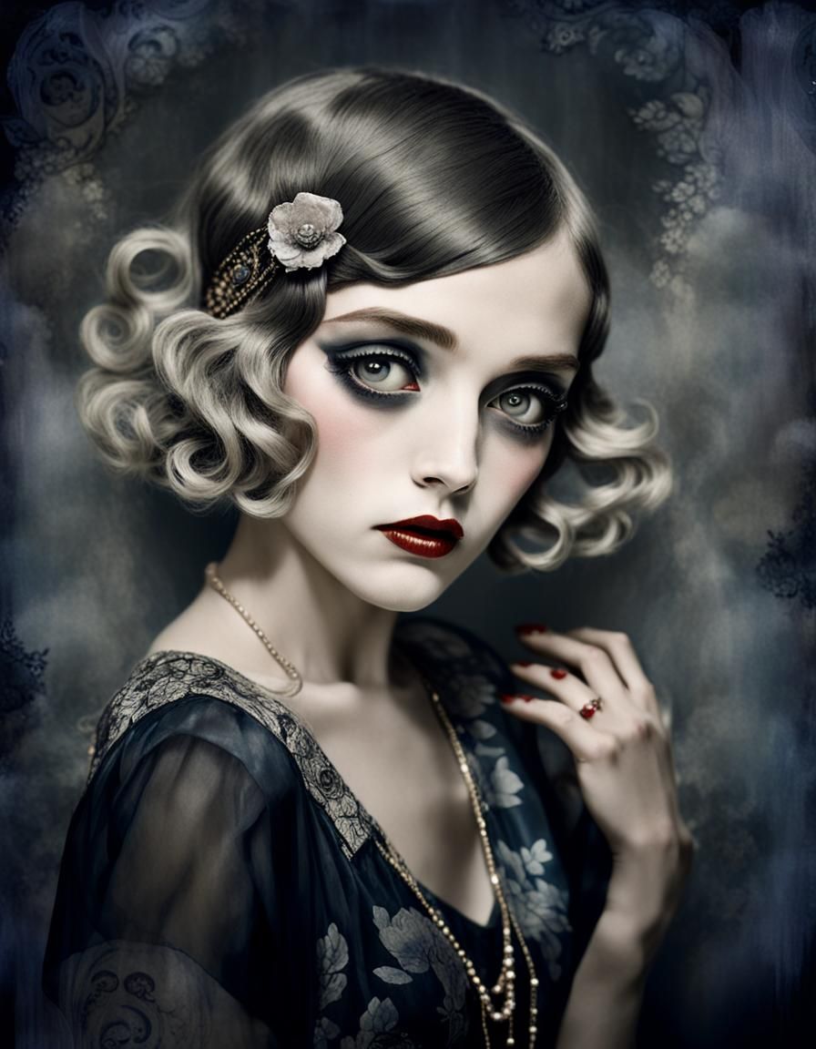 Flapper in Kawaii Style with Brocade Dress