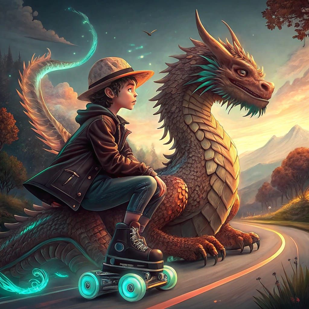 A Young Boy Rides a Copper Dragon on Retro Rollerskates Alon...