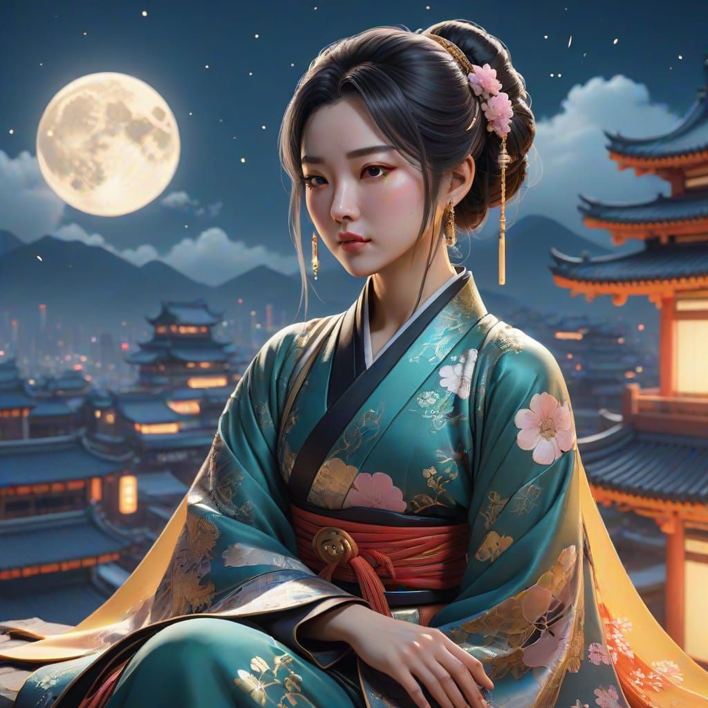 Lone Asian Woman Under Starry Night Sky in Cyberpunk City