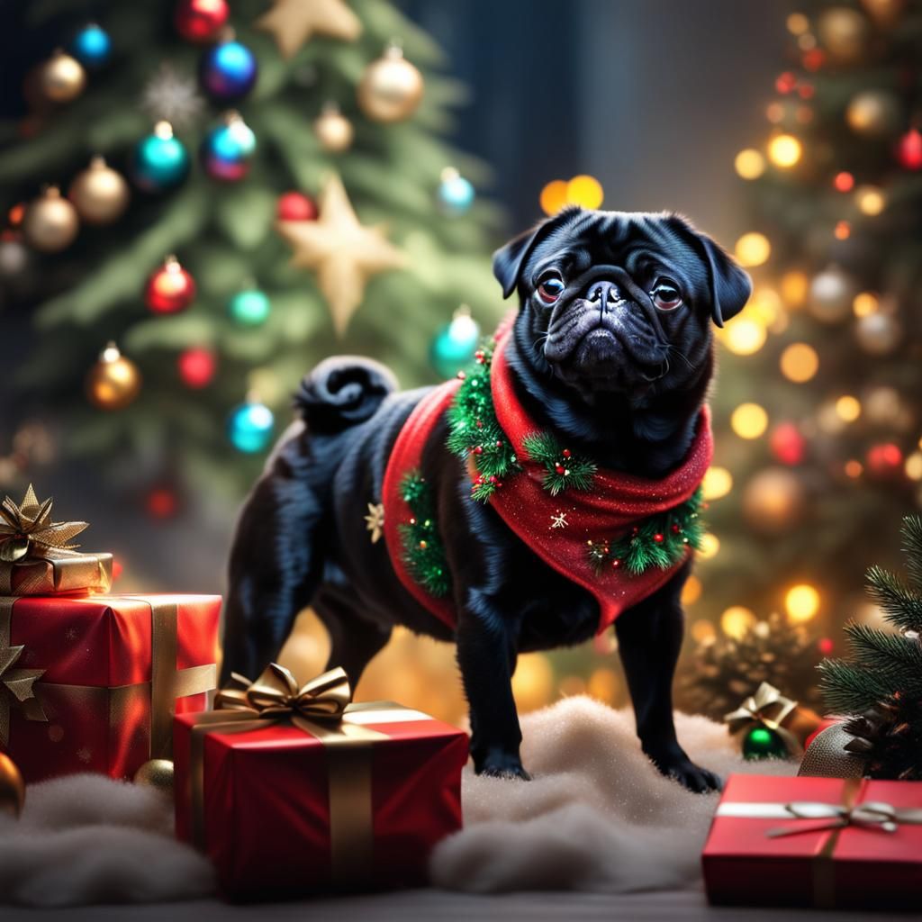 Black Pug Christmas Celebration: Photorealistic Art